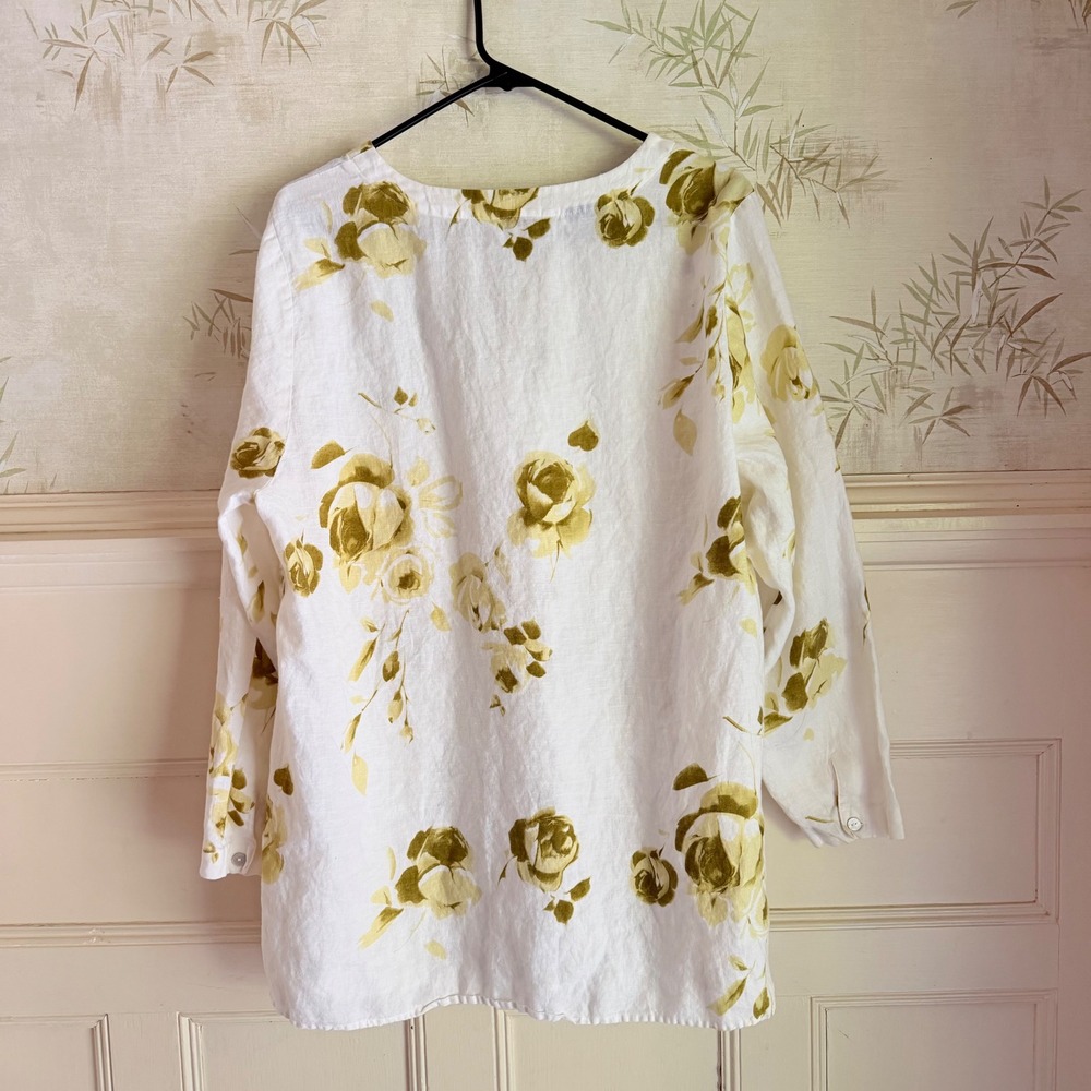 Richard Malcolm 100% Irish Linen Floral Rose Tunic Top White Green 2X